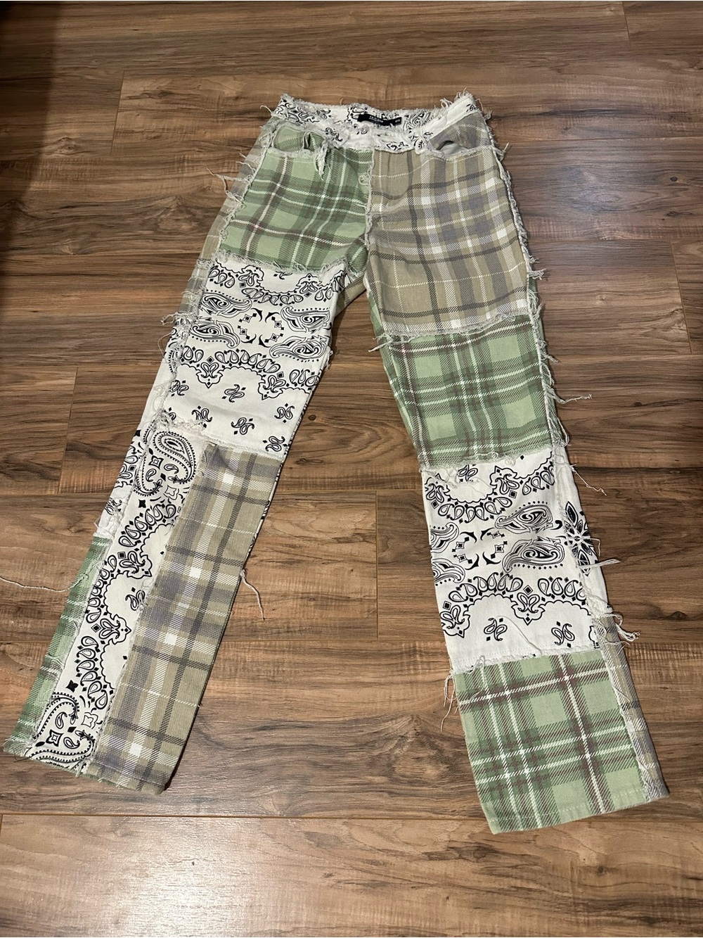 Jaded London Green Plaid & Cream Bandana Patchwork Jeans